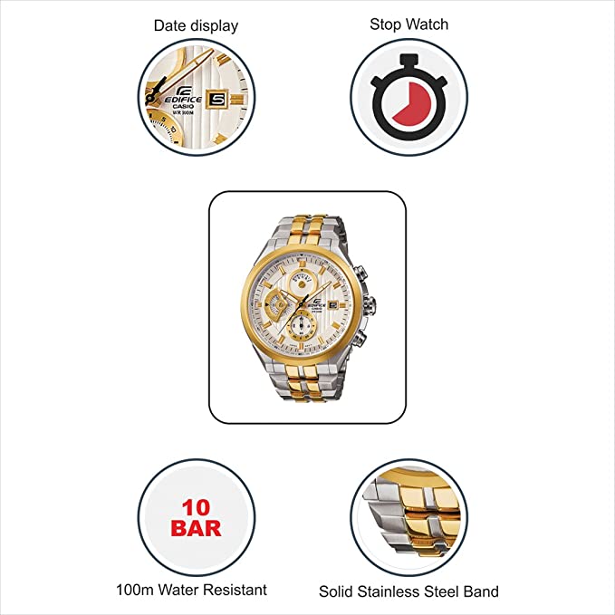Casio Edifice Chronograph Men's Watch With Silver Gold Color & Stainless Steel Strap ED426