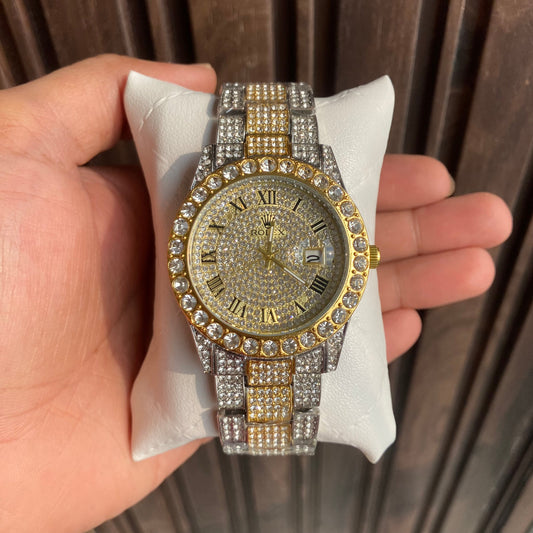 Stylish Men's Watch With Analog Diamond Set Silver And Golden Strap & Golden Color Dial Royal Stainless Steel