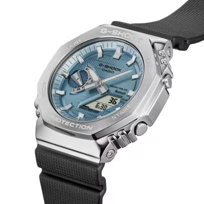 Casio G-Shock Solar Stainless Steel, Analog Digital with Ice Blue Dial/ Black Band Sport Men's Watch-GS-6447