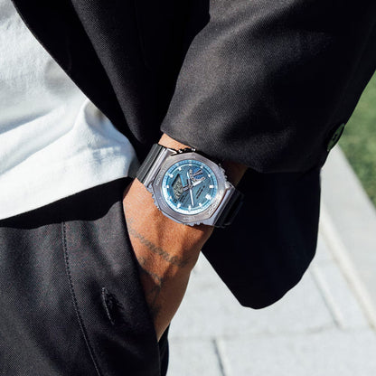 Casio G-Shock Solar Stainless Steel, Analog Digital with Ice Blue Dial/ Black Band Sport Men's Watch-GS-6447