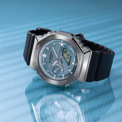 Casio G-Shock Solar Stainless Steel, Analog Digital with Ice Blue Dial/ Black Band Sport Men's Watch-GS-6447