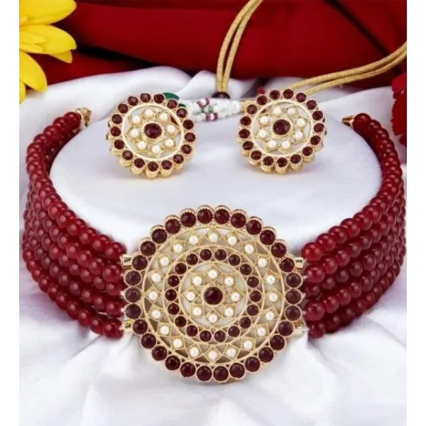 Gold-plated Maroon Jewel Set